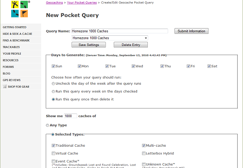 Screenshot der "Geocache Pocket Query" - Seite mit installiertem Greasemonkeyskript GC-PocketQuery